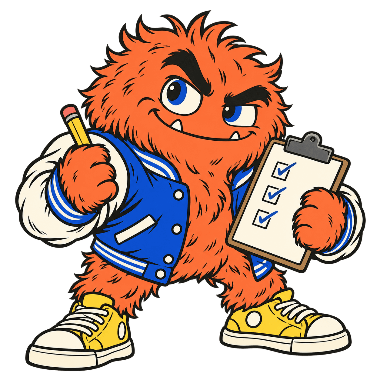 AppBully, an orange varsity-jacket monster, ready to check your homework.