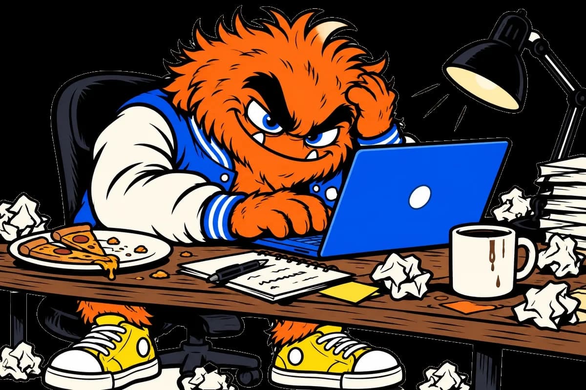 The Bully obsessively builds his first app at a laptop, surrounded by cold pizza and coffee.