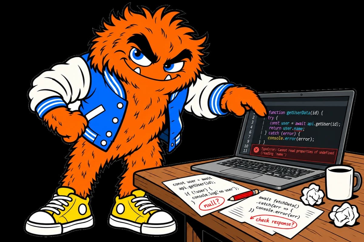 The confident Bully points to broken source code and a red error message on a laptop, with debugging notes on the desk.